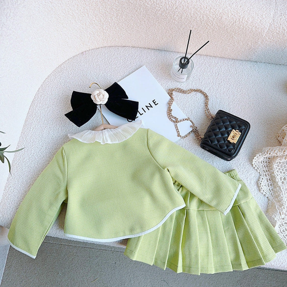 MyKids-USA® Girls Solid Green Ruffle Lace Neck Pockets Cardigan&Skirt Casual Sets