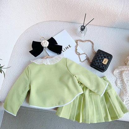 MyKids-USA® Girls Solid Green Ruffle Lace Neck Pockets Cardigan&Skirt Casual Sets