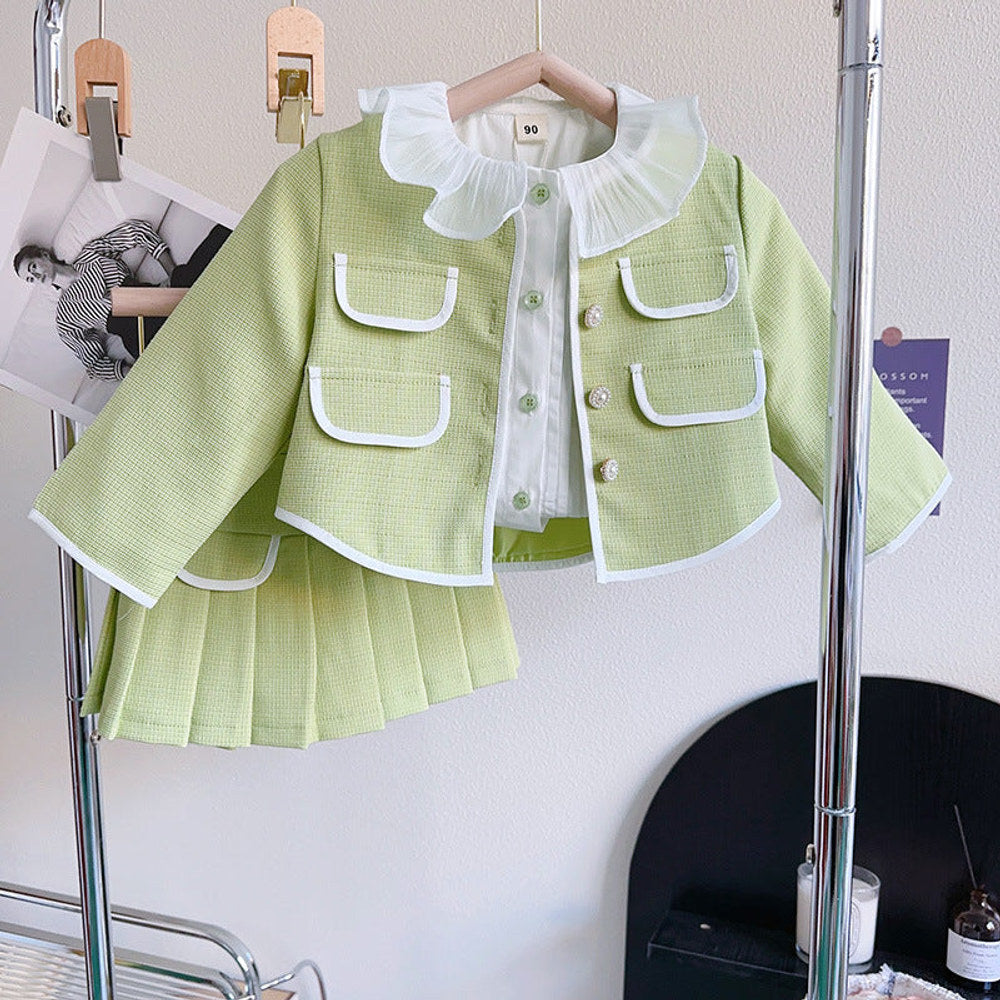 MyKids-USA® Girls Solid Green Ruffle Lace Neck Pockets Cardigan&Skirt Casual Sets