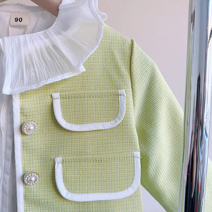 MyKids-USA® Girls Solid Green Ruffle Lace Neck Pockets Cardigan&Skirt Casual Sets