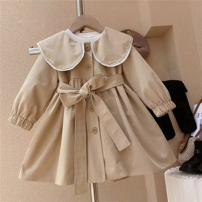 MyKids-USA® Baby Girls Peter Pan Neck Long Sleeved Khaki Single Breasted Dress With Belt