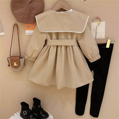 MyKids-USA® Baby Girls Peter Pan Neck Long Sleeved Khaki Single Breasted Dress With Belt
