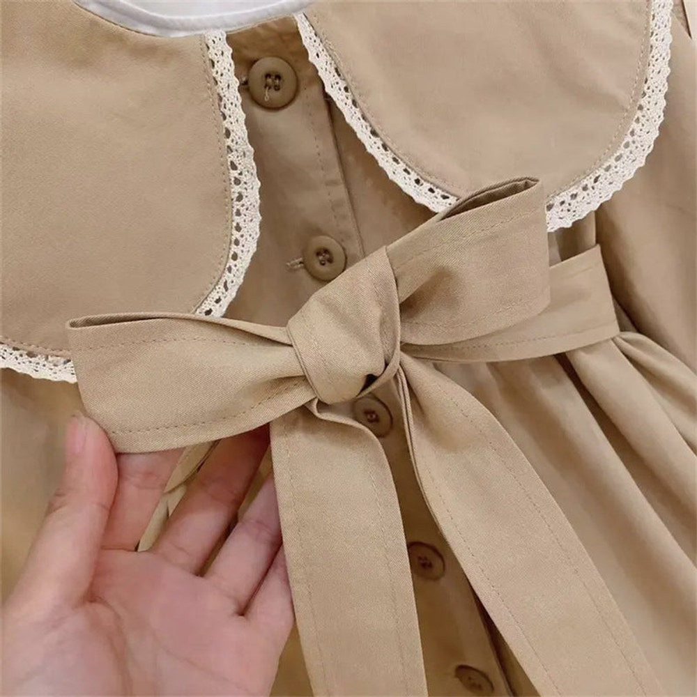 MyKids-USA® Baby Girls Peter Pan Neck Long Sleeved Khaki Single Breasted Dress With Belt