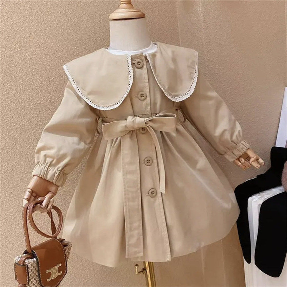 MyKids-USA® Baby Girls Peter Pan Neck Long Sleeved Khaki Single Breasted Dress With Belt