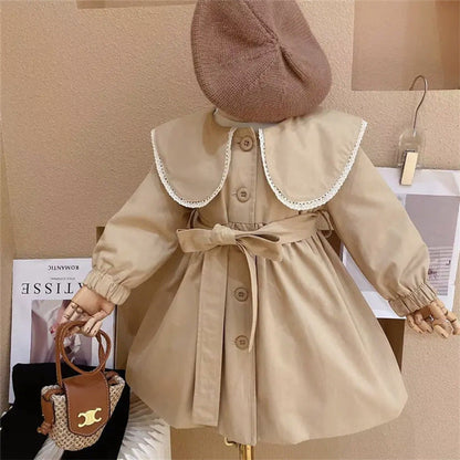 MyKids-USA® Baby Girls Peter Pan Neck Long Sleeved Khaki Single Breasted Dress With Belt