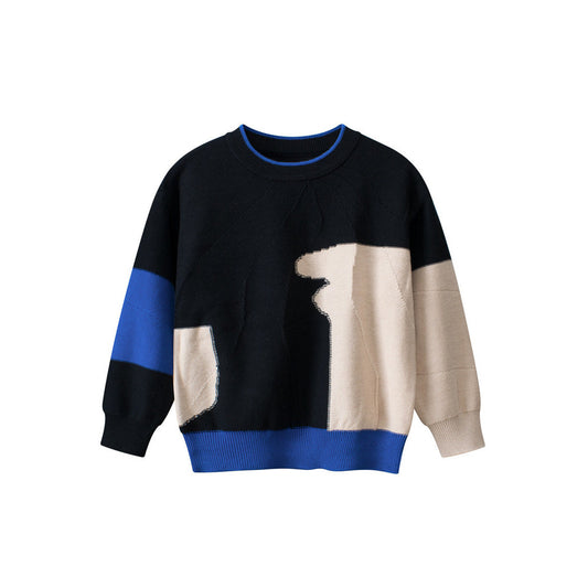 MyKids-USA® Baby Boy Kids Color Patchwork Crew Neck Long Sleeve Knitwear Pullover