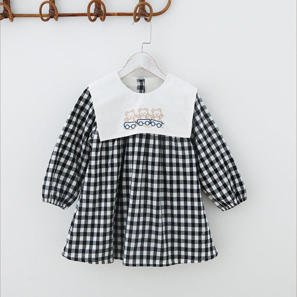 MyKids-USA® Check Plaid Doll Collar Design Bear Cartoon Embroidery Thick Preppy Dress