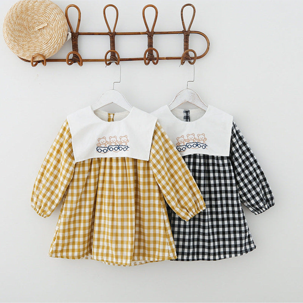 MyKids-USA® Check Plaid Doll Collar Design Bear Cartoon Embroidery Thick Preppy Dress