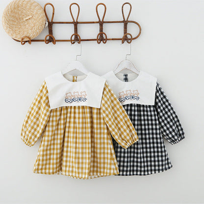 MyKids-USA® Check Plaid Doll Collar Design Bear Cartoon Embroidery Thick Preppy Dress