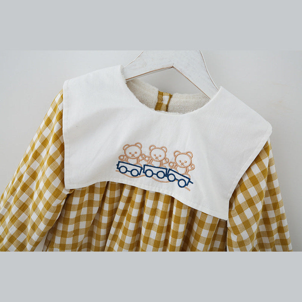 MyKids-USA® Check Plaid Doll Collar Design Bear Cartoon Embroidery Thick Preppy Dress