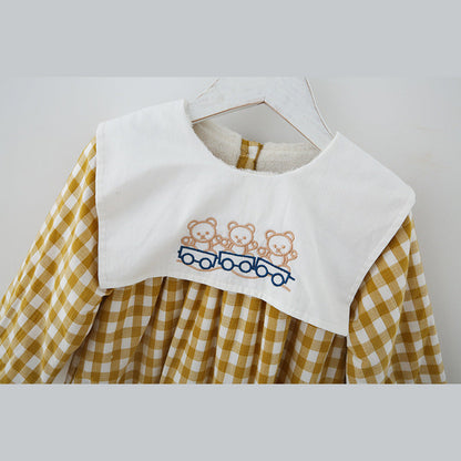MyKids-USA® Check Plaid Doll Collar Design Bear Cartoon Embroidery Thick Preppy Dress
