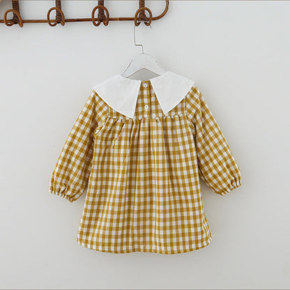 MyKids-USA® Check Plaid Doll Collar Design Bear Cartoon Embroidery Thick Preppy Dress