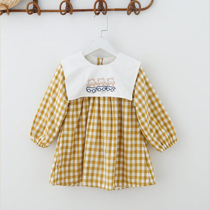 MyKids-USA® Check Plaid Doll Collar Design Bear Cartoon Embroidery Thick Preppy Dress