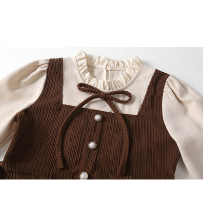 MyKids-USA® Preppy Corduroy Long Sleeves Ruffle Crew Neck Thick Dress