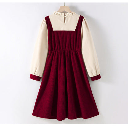 MyKids-USA® Preppy Corduroy Long Sleeves Ruffle Crew Neck Thick Dress