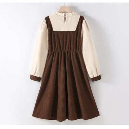 MyKids-USA® Preppy Corduroy Long Sleeves Ruffle Crew Neck Thick Dress