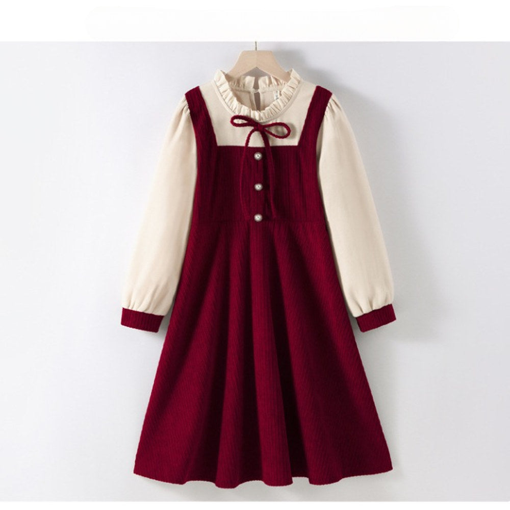 MyKids-USA® Preppy Corduroy Long Sleeves Ruffle Crew Neck Thick Dress