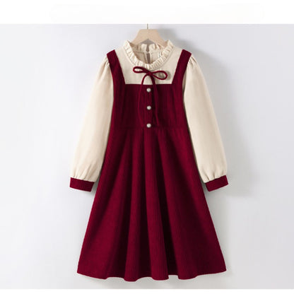 MyKids-USA® Preppy Corduroy Long Sleeves Ruffle Crew Neck Thick Dress