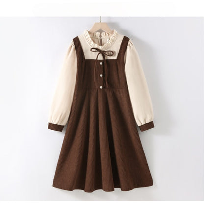 MyKids-USA® Preppy Corduroy Long Sleeves Ruffle Crew Neck Thick Dress