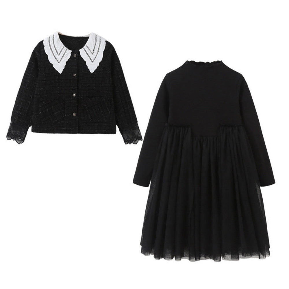 MyKids-USA® Girls Single Breasted Cardigan Tops Black Dress Sets