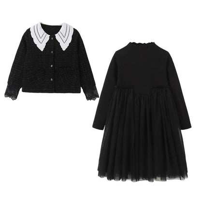 MyKids-USA® Girls Single Breasted Cardigan Tops Black Dress Sets