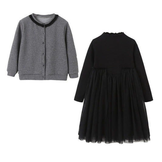 MyKids-USA® Girls Single Breasted Cardigan Tops Black Dress Sets