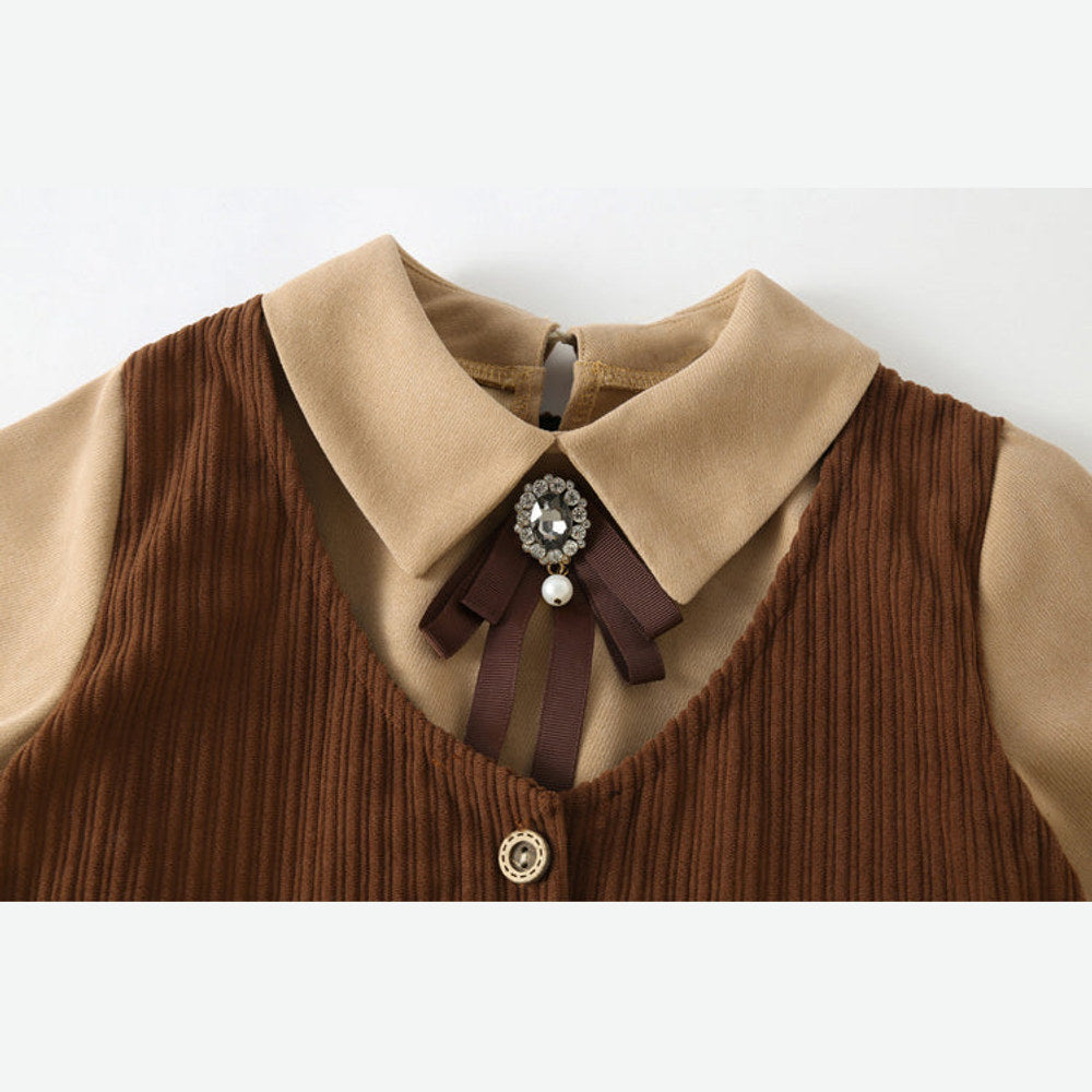 MyKids-USA® Preppy Corduroy Long Sleeves Turndown Collar Thin Dress