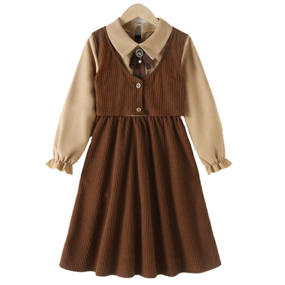 MyKids-USA® Preppy Corduroy Long Sleeves Turndown Collar Thin Dress