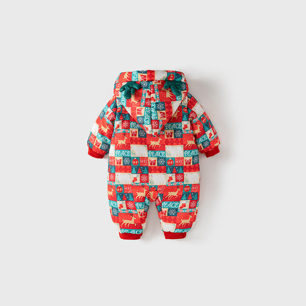 Winter Baby Christmas Red Plaid Patchwork Cartoon Thick Romper With Hood
