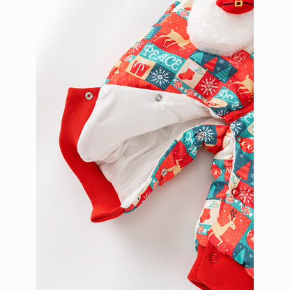 Winter Baby Christmas Red Plaid Patchwork Cartoon Thick Romper With Hood