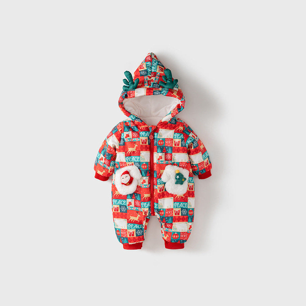 Winter Baby Christmas Red Plaid Patchwork Cartoon Thick Romper With Hood