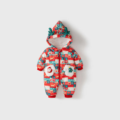 Winter Baby Christmas Red Plaid Patchwork Cartoon Thick Romper With Hood