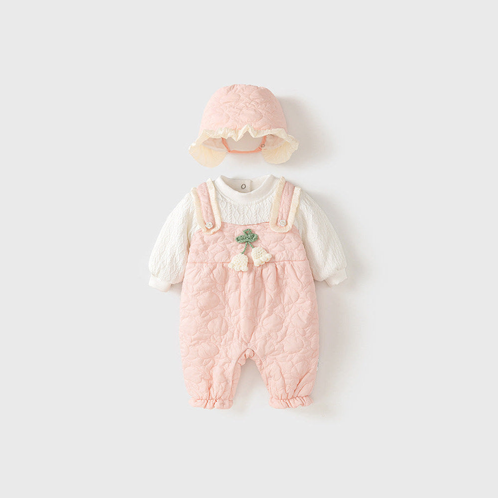 MyKids-USA® Baby Thick Home Clothes Pink-White Patchwork Romper With Hat