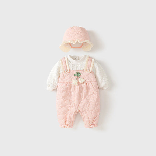 MyKids-USA® Baby Thick Home Clothes Pink-White Patchwork Romper With Hat