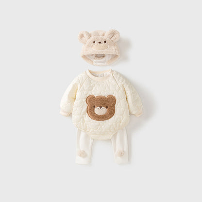 MyKids-USA® Baby Teddy Bear Cartoon Knitted bodysuit With Hat & Fluffy Ball Pants Clothing Set