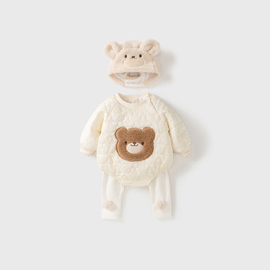 MyKids-USA® Baby Teddy Bear Cartoon Knitted bodysuit With Hat&Fluffy Ball Pants Clothing Set