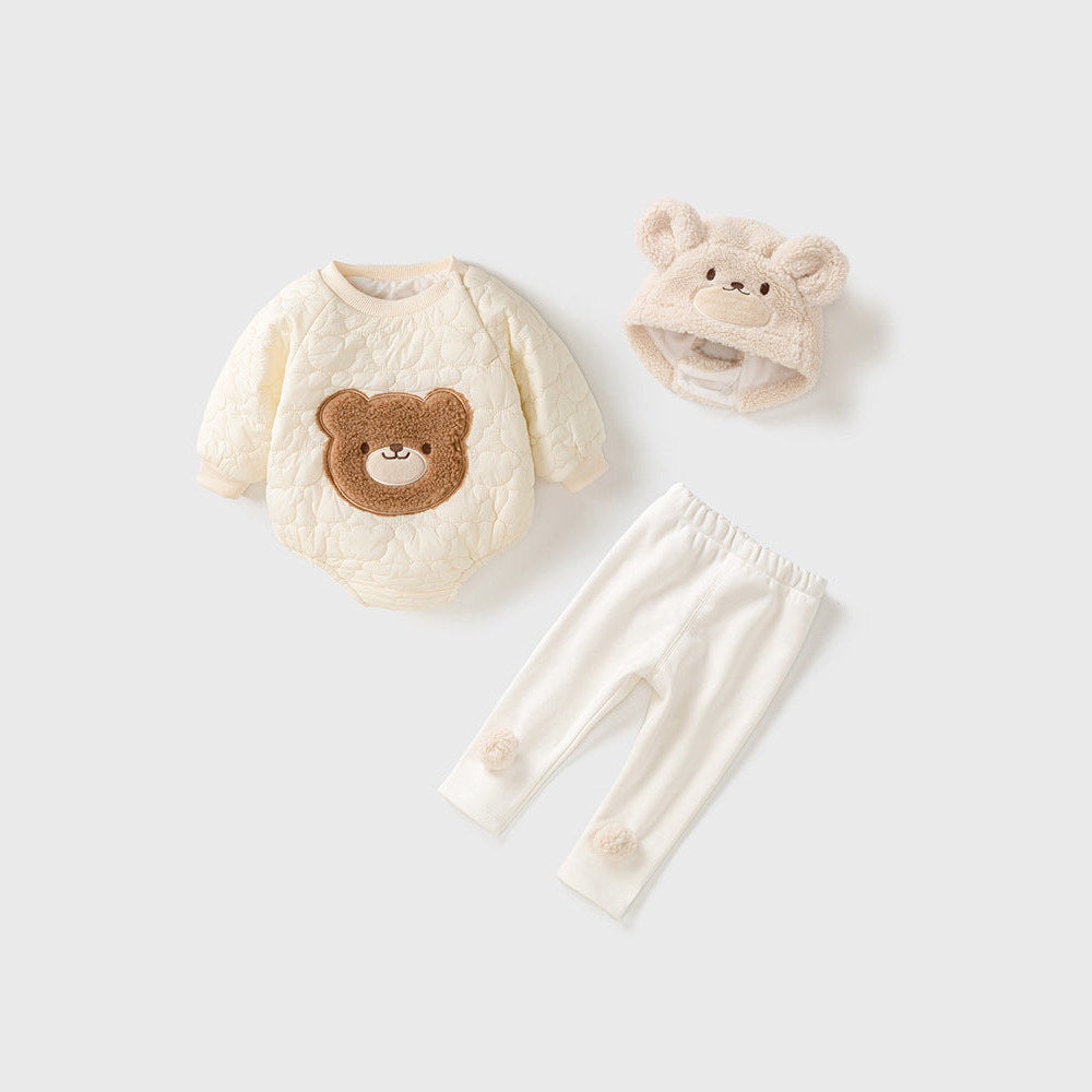 MyKids-USA® Baby Teddy Bear Cartoon Knitted bodysuit With Hat & Fluffy Ball Pants Clothing Set