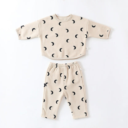 MyKids-USA® Unisex Baby Moon Print Round Collar Top Combo Long Pants In Sets