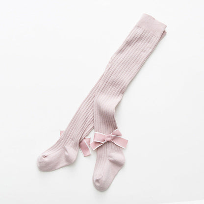 MyKids-USA® Baby Girls Kids Solid Color Striped Pattern Design Double Bows Pantyhose