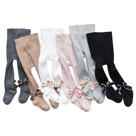 MyKids-USA® Baby Girls Kids Solid Color Striped Pattern Design Double Bows Pantyhose