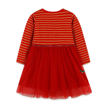 MyKids-USA® Girls’ European-American Style Santa Claus And Reindeer Embroidered Tulle Dress With Striped Pattern