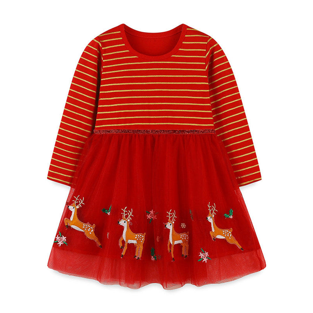 MyKids-USA® Girls’ European-American Style Santa Claus And Reindeer Embroidered Tulle Dress With Striped Pattern