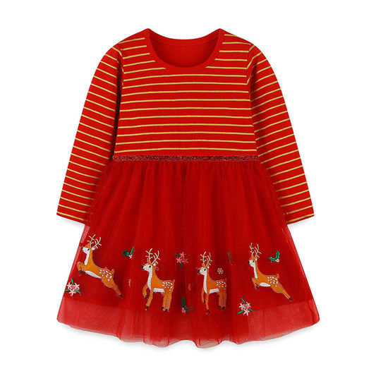 MyKids-USA® Girls’ European-American Style Santa Claus And Reindeer Embroidered Tulle Dress With Striped Pattern