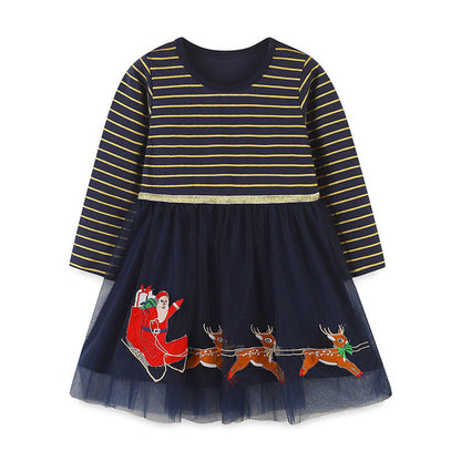 MyKids-USA® Girls’ European-American Style Santa Claus And Reindeer Embroidered Tulle Dress With Striped Pattern