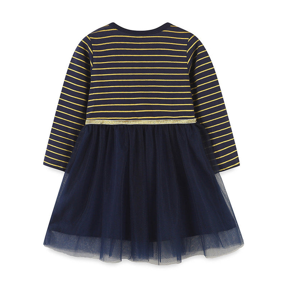 MyKids-USA® Girls’ European-American Style Santa Claus And Reindeer Embroidered Tulle Dress With Striped Pattern