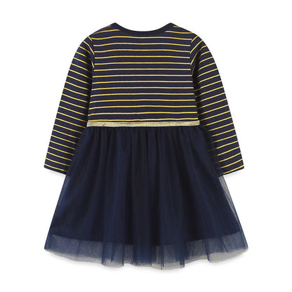 MyKids-USA® Girls’ European-American Style Santa Claus And Reindeer Embroidered Tulle Dress With Striped Pattern