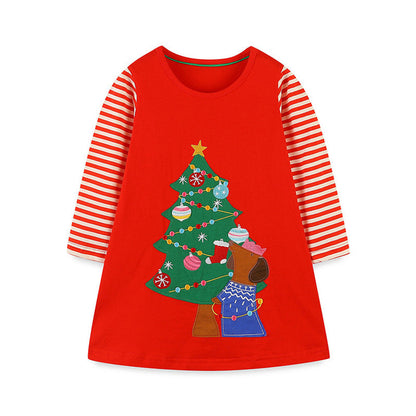 MyKids-USA® Girls’ European-American Style Christmas Tree Cartoon Pattern Striped Sleeves Dress
