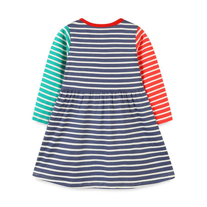 MyKids-USA® Christmas Cartoon Animal Patchwork Dress: Girls’ Striped Long Dress For Toddlers And Babies