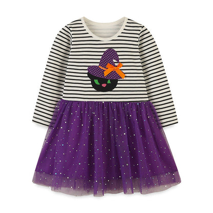 MyKids-USA® Striped Embroidered Tulle Dress: Halloween Edition For Girls