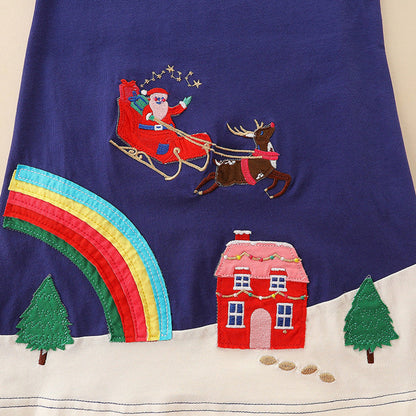 MyKids-USA® Girls’ Navy Blue Christmas Cartoon Pattern Embroidery Dress